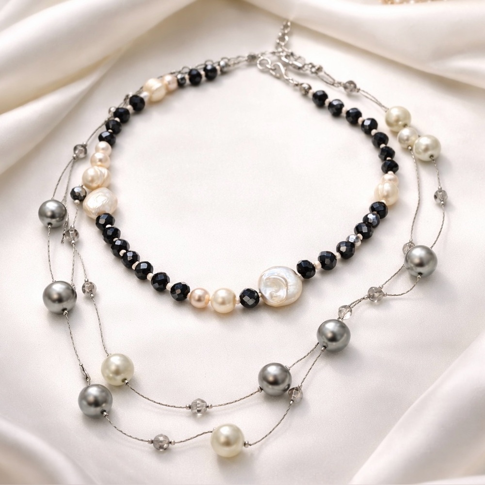 2-Piece Freshwater Pearl & Black Crystal and Layered Silver Pearl Necklaces Set - Picture 3 of 7